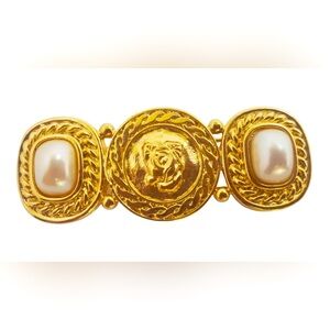 Vintage Liz Claiborne Gold tone Panel Brooch w/ Rose and Faux Pearl Rare